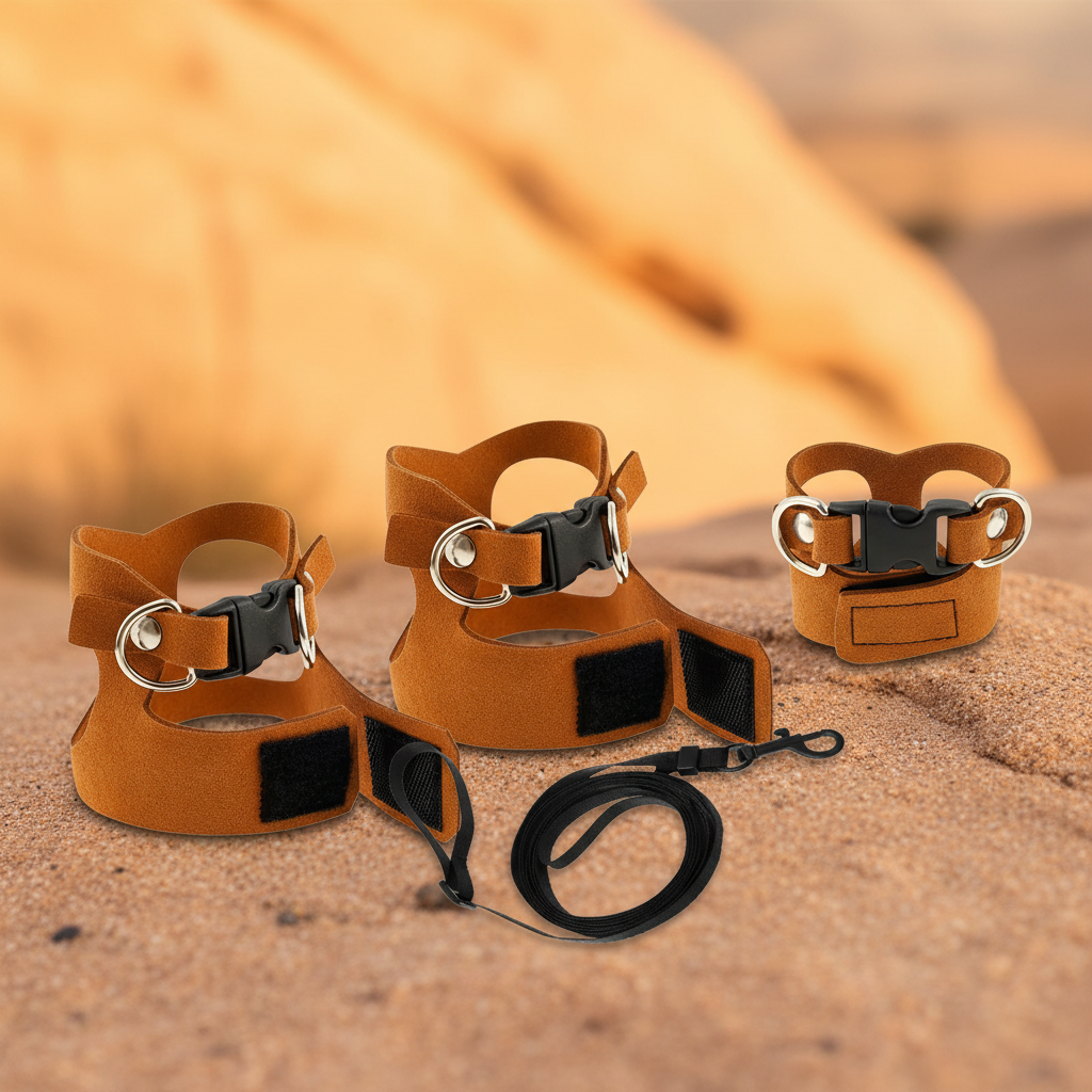 3 brown leather harnesses with leash natural background